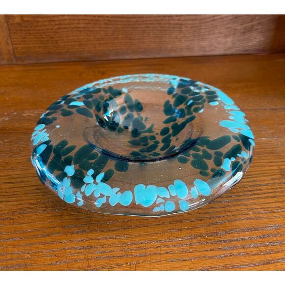 Hand Blown Art Glass Shallow Bowl Blue and Teal Speckled Swirl 6.5” Wide - Picture 2 of 10